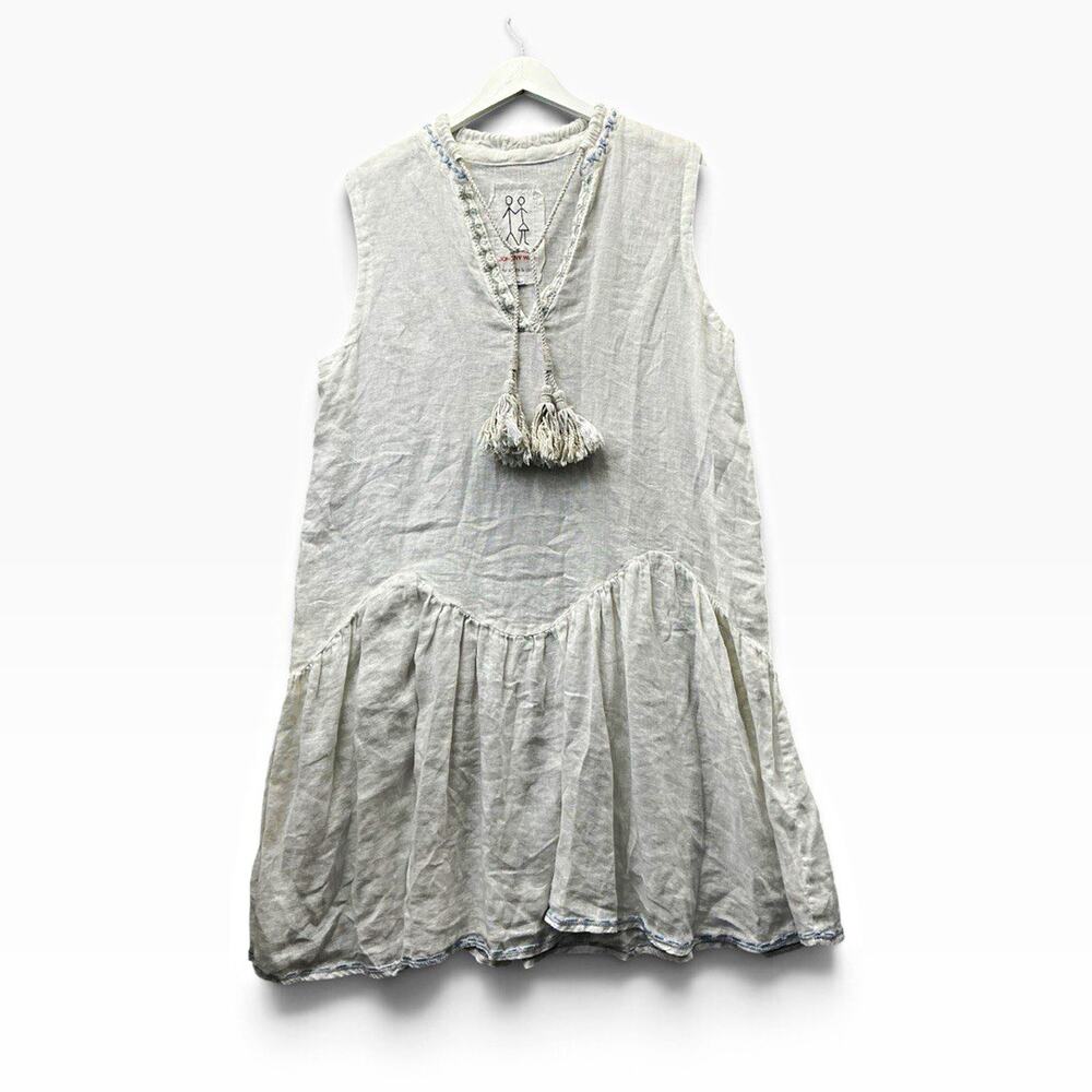 Johnny Was White Linen Shift Dress V-Neck Sleeveless Tassel Knee Length Size L